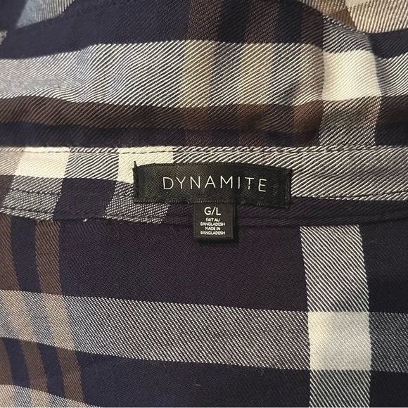 Dynamite Women’s Plaid Shirt Size Large Navy, Brown, Black & White Rayon - Picture 9 of 11